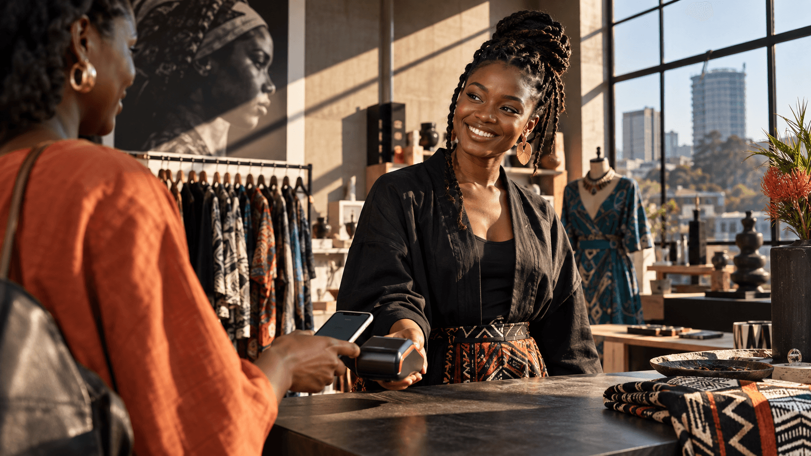 A young Zambian business owner accepting a customer payment in her design studio