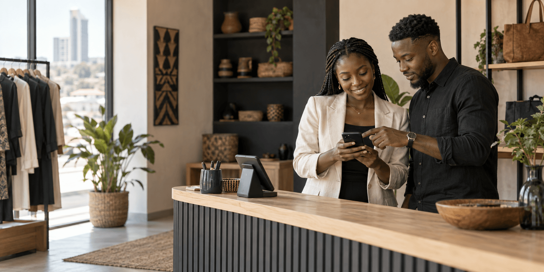 Young business owners reviewing a payment